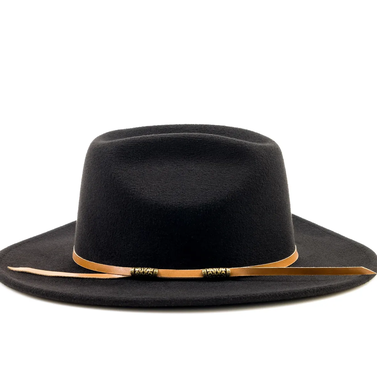 Tan leather hat band with decorative bronze beads on a black hat