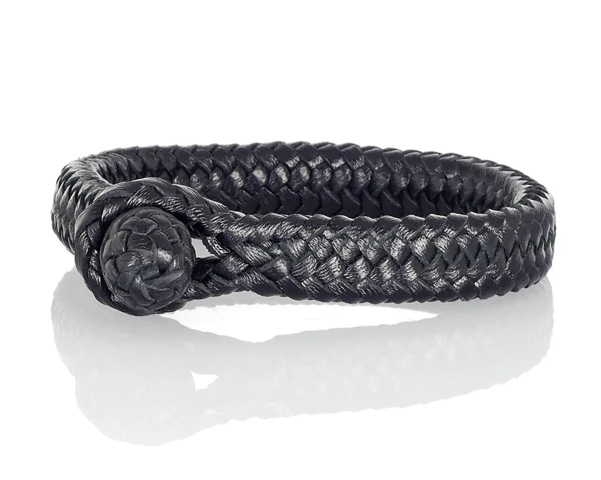 Black 16-strand braided Chèvre goatskin leather bracelet with traditional knot button and loop