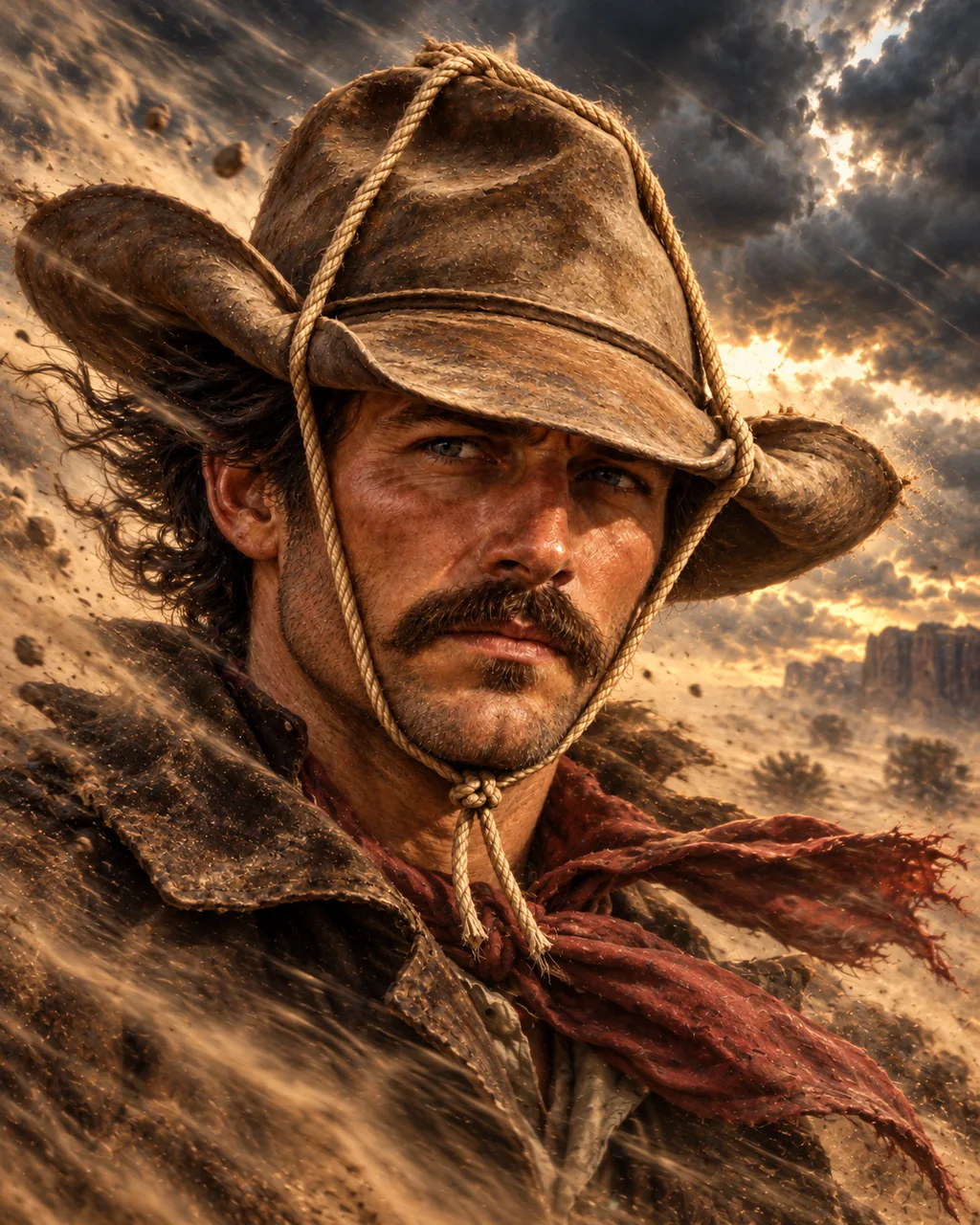 Illustration of a cowboy whose hat is tied down with thick rope in a dramatic windstorm